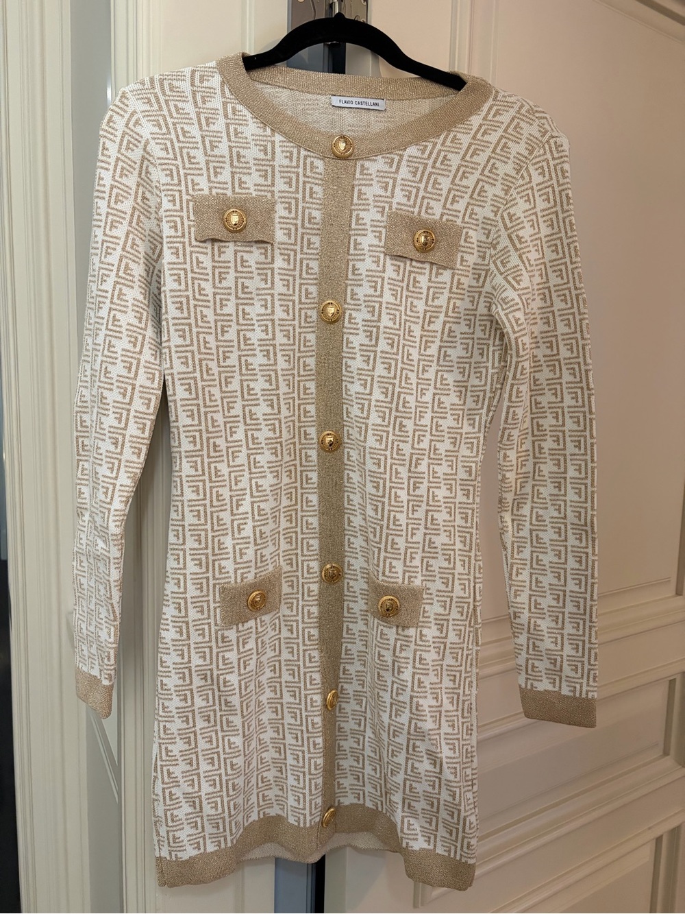 Cream & Tan Long Knit Button-Front Dress with Gold Accents